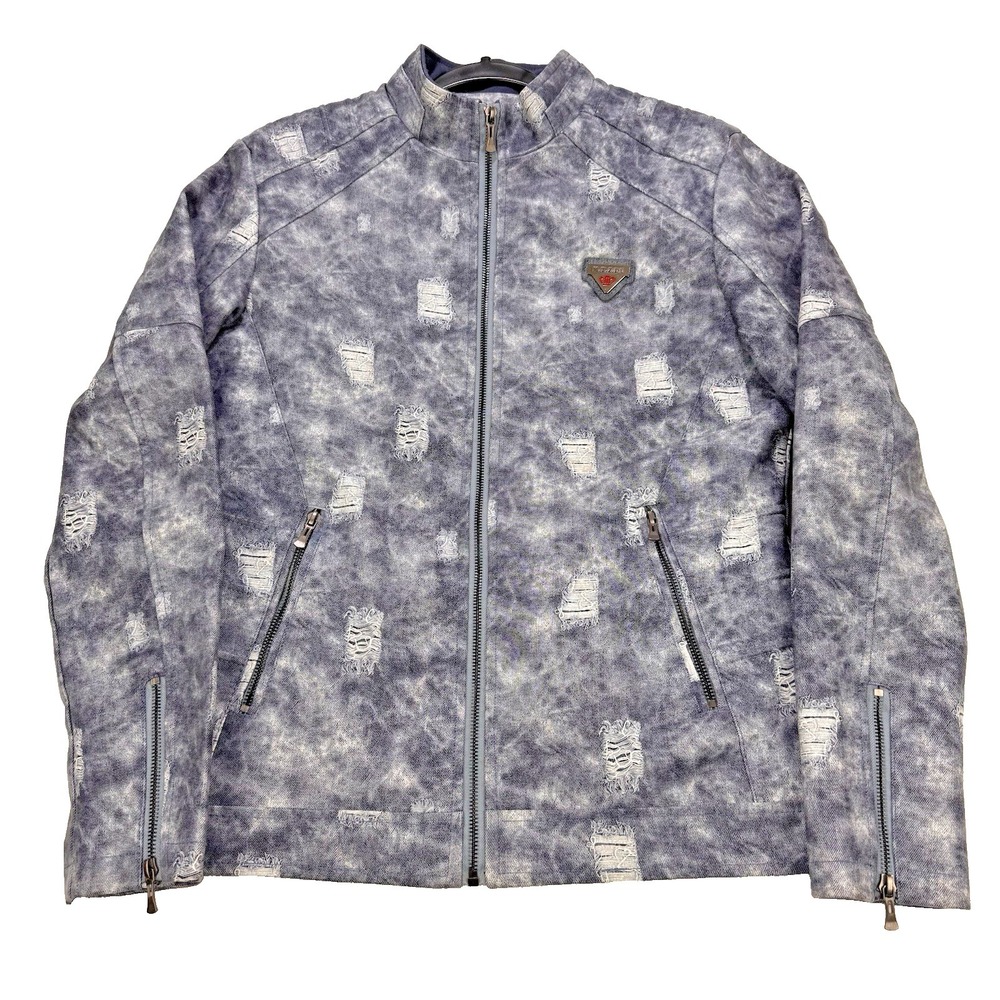 M.T.Z.DU Moto Jacket Women 2XL Blue Graphic Denim Zip Sleeves READ‎
